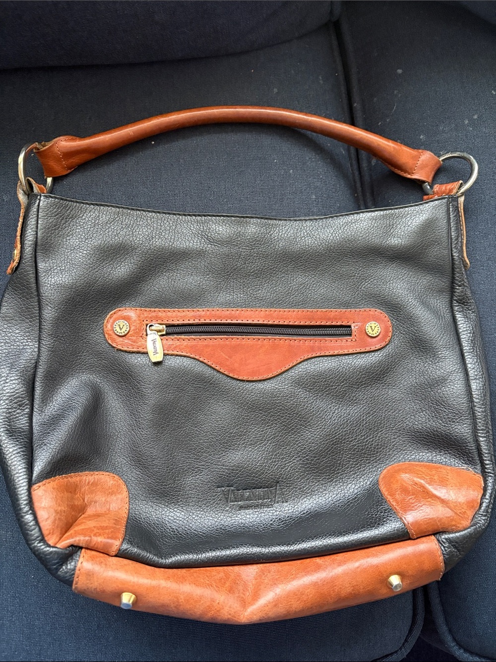 Reduced- Valentina Black and Brown Two-Tone Leather Shoulder Hobo